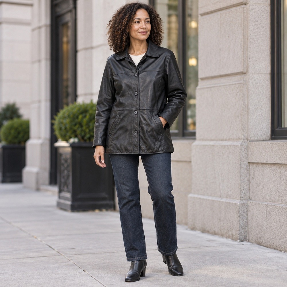 Centigrade Leather Womens M Black Genuine Leather Button Front Car Coat